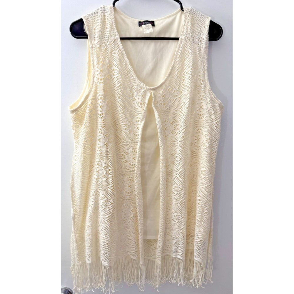 Boho Fringe Lace Hippie Cream Tunic Top Shirt Women's XL Festival Indie White